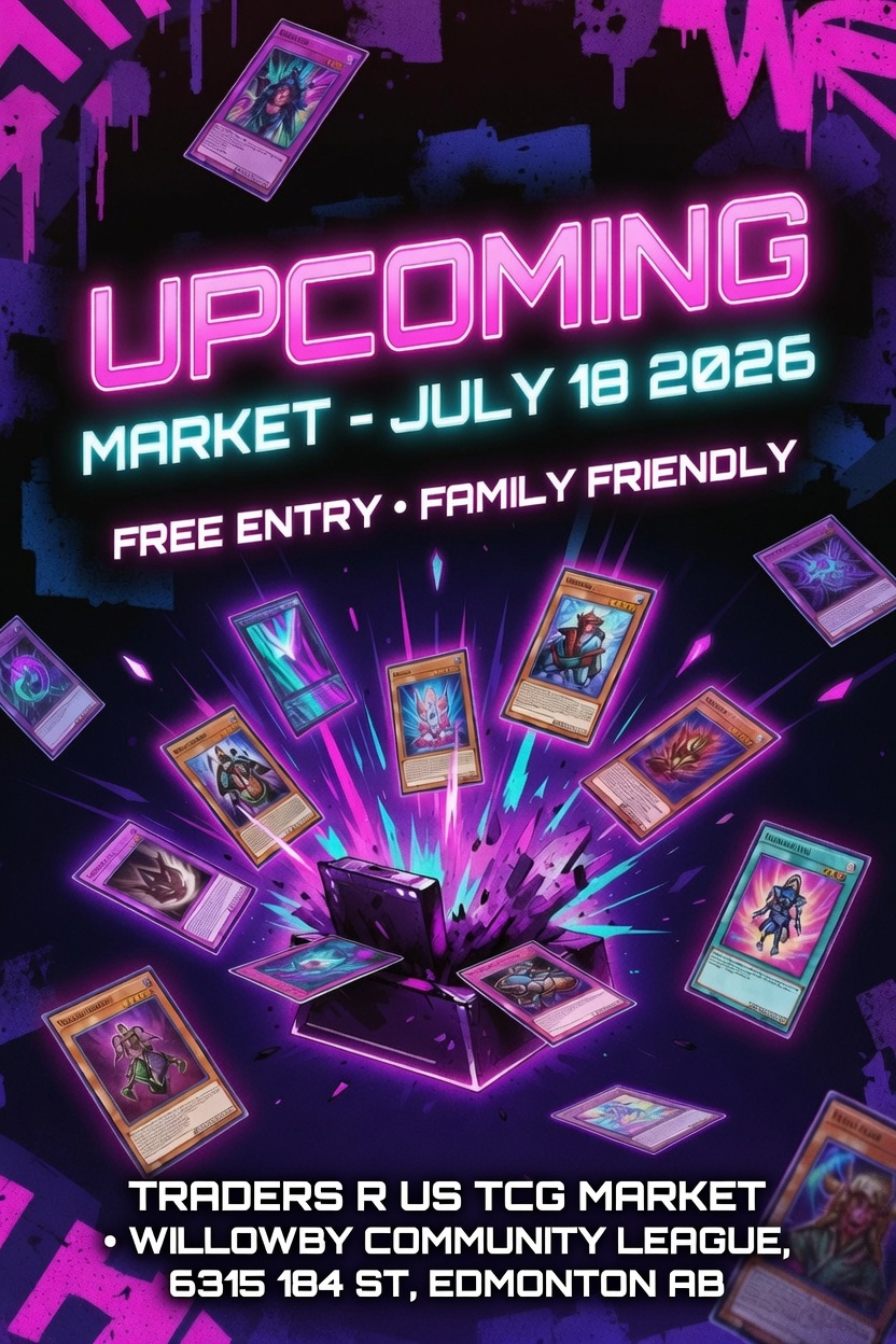 Traders R Us July 18 2026 Market Poster - Cyberpunk neon style with exploding cards